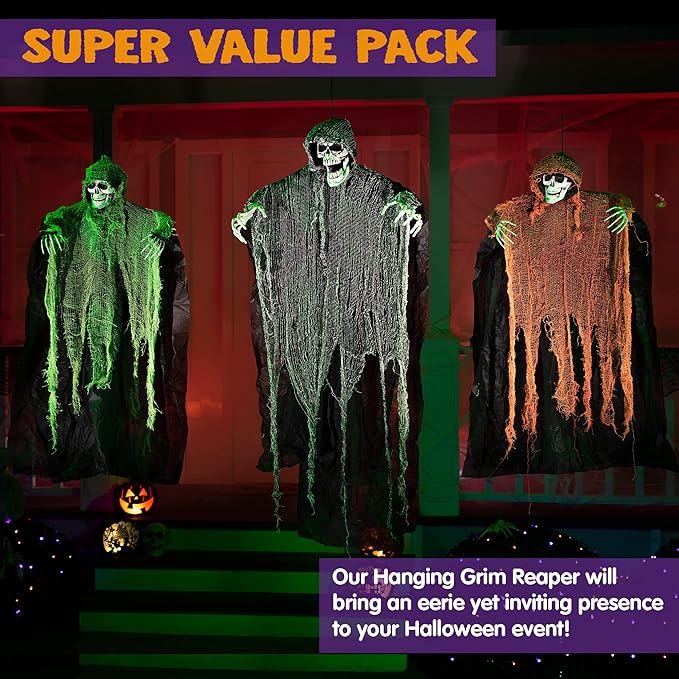 JOYIN Halloween Hanging Grim Reapers (3 Pack), One 47” and Two 35” Grim Reapers, Halloween Skeleton Flying Ghost for Haunted House Prop Décor, Outdoor Indoor Decor