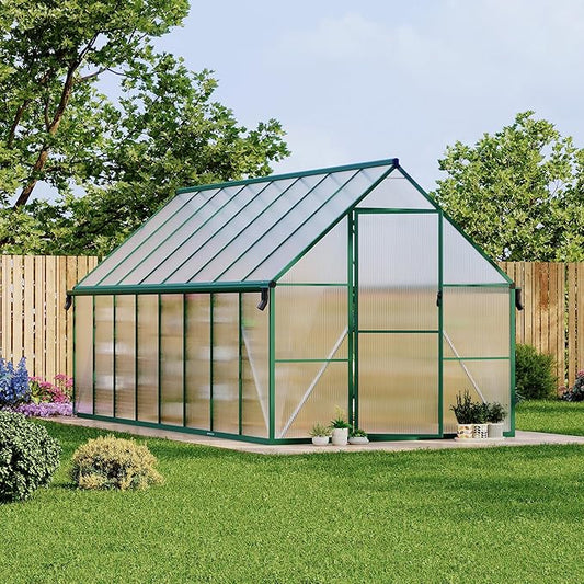 8X16 ft Polycarbonate Greenhouse with Aluminum Frame, Polycarbonate Greenhouse for Outdoors, Greenhouses with Ventilation and Rain Gutter, Aluminum Large Walk-in Greenhouses for Outside
