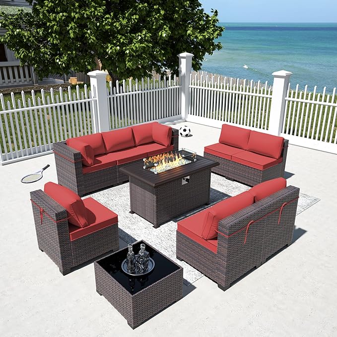 Outdoor Patio Furniture Sets with Propane Fire Pit Table, 10 Pieces Outdoor Furniture Patio Sectional Sofa Conversation Sets w/ETL Approved 43" Gas Outdoor Fire Table & Coffee Table (Red)