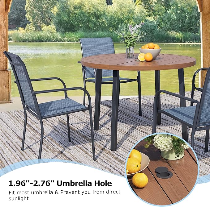 5 Pieces Round Dining Table Set for 4, Patio Dining Set Includes 4 Blue Stackable Patio Chairs and 1 Walnut Round Table, Patio Furniture Sets with Sling Support for Outside, Garden
