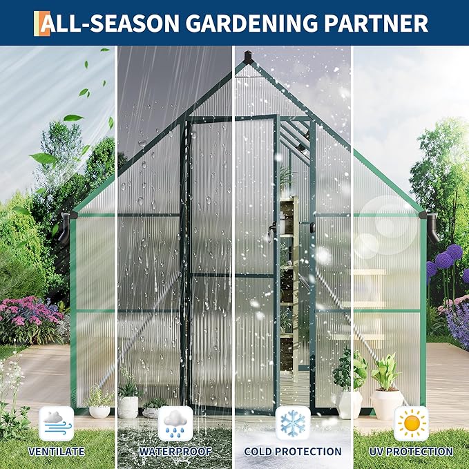 8X10 ft Polycarbonate Greenhouse with Aluminum Frame, Polycarbonate Greenhouse for Outdoors, Greenhouses with Ventilation and Rain Gutter, Aluminum Large Walk-in Greenhouses for Outside