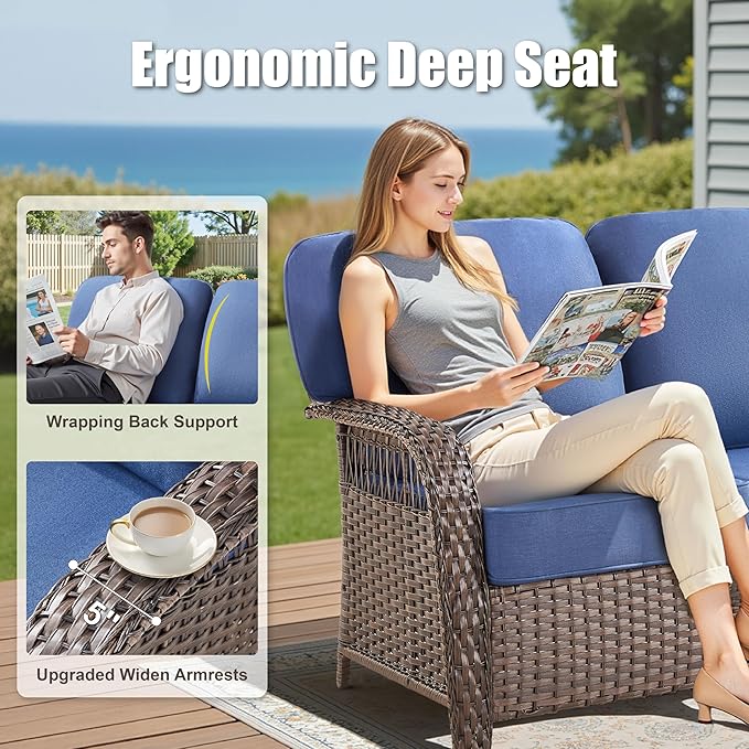 7 Pieces Patio Furniture Set Outdoor Sectional Sofa Couch with 4 Rocking Swivel Chairs 5" Deep Seat Chairs, Modern Wicker Rattan Conversation Set, Blue/Brown Wicker