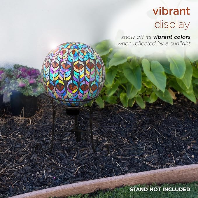 Alpine Corporation 10" Diameter Indoor/Outdoor Glass Mosaic Gazing Globe Yard Decoration, Peacock Feather Design