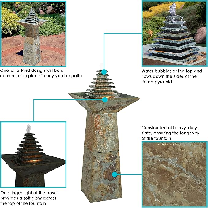 Sunnydaze 40-Inch Slate Outdoor Water Fountain - Layered Pyramid Outdoor Water Feature with LED Lights for Patio, Deck, Garden