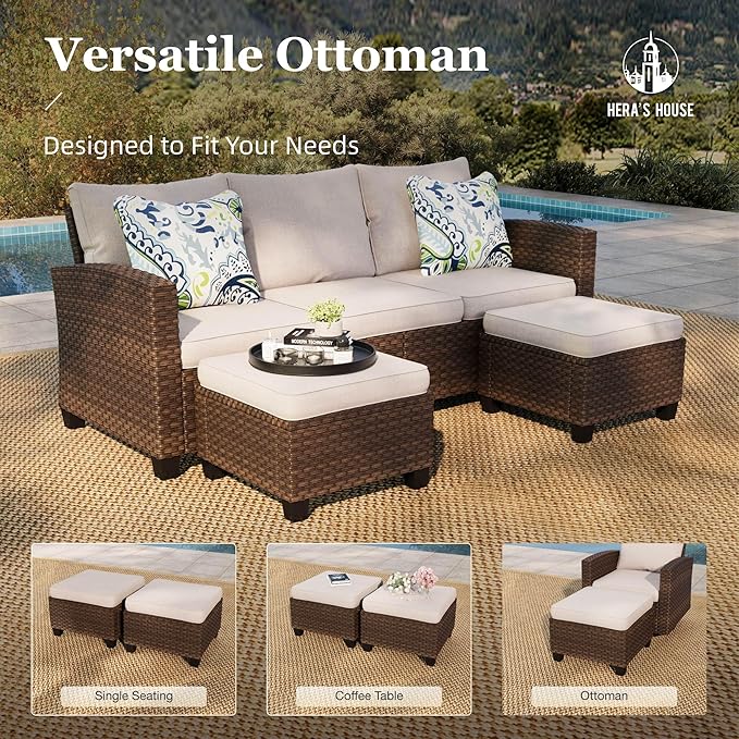 HERA'S HOUSE Patio Furniture Set, 5 Pieces Outdoor Wicker Furniture, All Weather Rattan Patio Conversation Set, Deep Seating Outdoor Sofa Sets for Lawn Deck Backyard, Brown/Beige