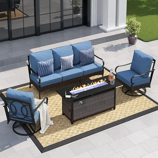 Patio Furniture Set with 56" Fire Pit Table, Premium Outdoor Wicker Metal Frame Furniture with Upgraded Waterproof Thick Cushions for Porch, Poolside, Deck, and Yard（4 Pieces,Navy