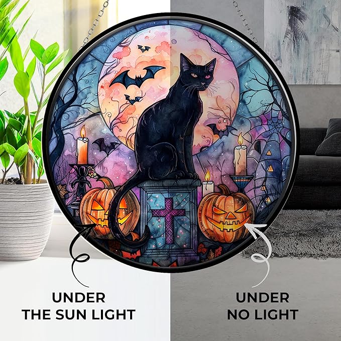 Bat Black Cat Suncatcher Indoor/Outdoor Stained Glass Window Hanging Handmade Stained Glass Suncatchers Decoration for Home Garden Christmas Party Wedding Housewarming Gifts