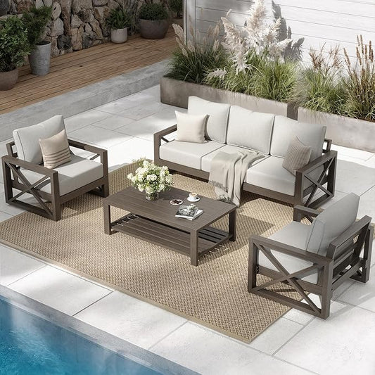 UDPATIO 4 Piece Faux Wood Aluminum Patio Furniture Set Modern Outdoor Furniture Patio Conversation Sets with Coffee Table for Balcony, Backyard, 600D Waterproof Cover Included, Light Grey