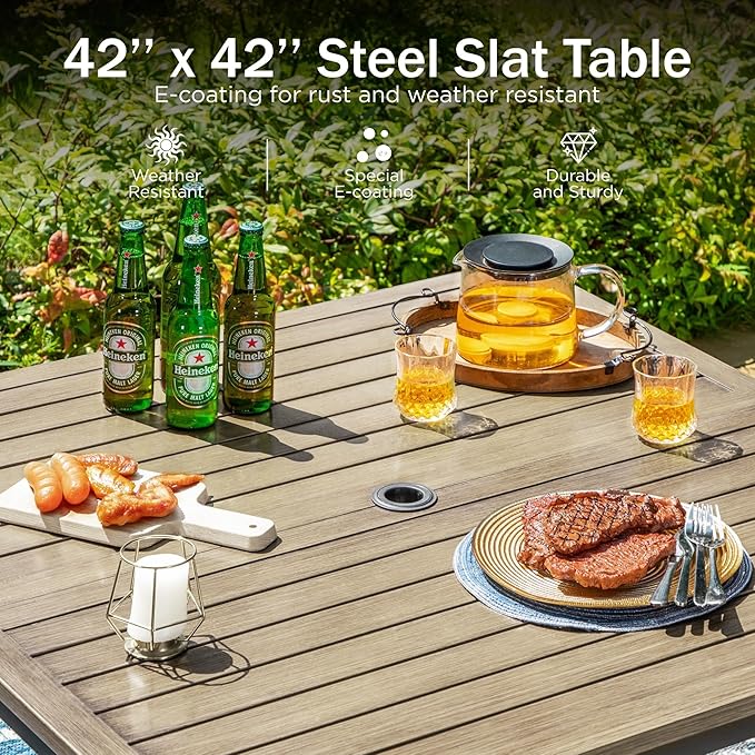 PHI VILLA 5 PCS Patio Dining Set, 4 Padded Swivel Dining Chairs & Square Brown Metal Slat Table Top with 1.57" Umbrella Hole, Outdoor Table and Chairs for All Weather