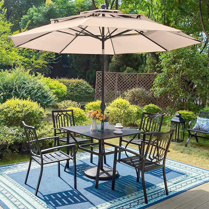 PHI VILLA Patio Dining Set 5 pcs with Umbrella(Beige),1 Square Metal Table& 4 Metal Outdoor Stackable Chairs and 1 10ft 3 Tier Auto-tilt Umbrella (Base Not Included)