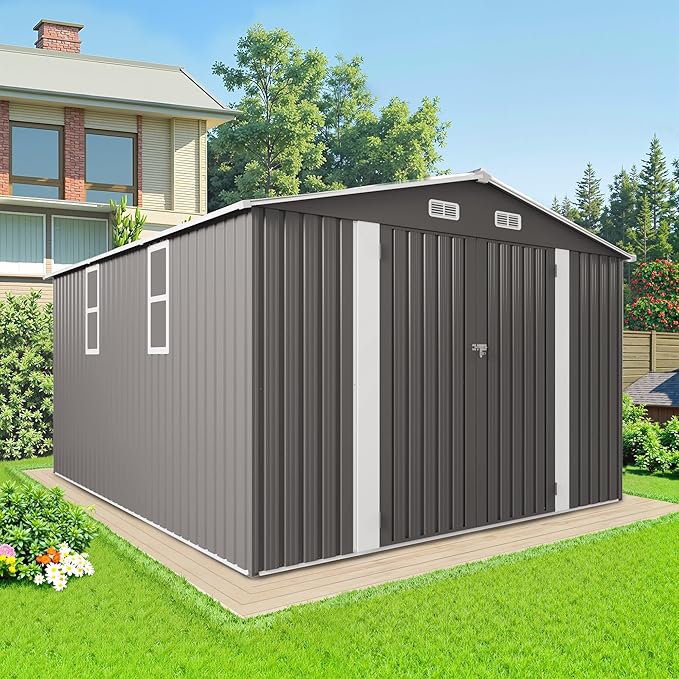 10x12 FT Outdoor Storage Shed, Large Metal Tool Shed with Peaked Roof and Lockable Door, Galvanized Steel Garden Shed with Clear Windows for Backyard Garden Patio Lawn, Gray