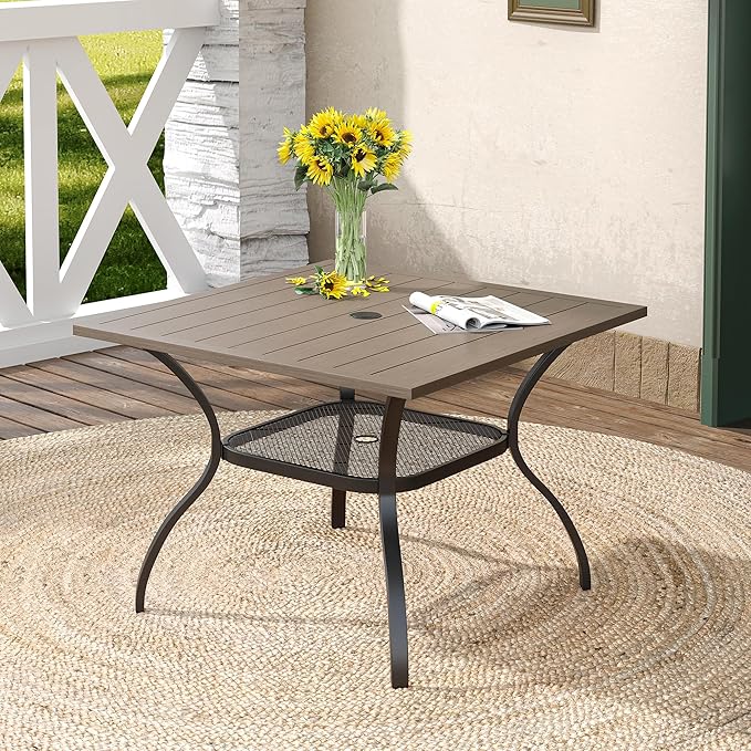 DIFY Outdoor Dining Table, Patio Square Metal Dining Table with 1.57" Umbrella Hole for 4 Person, Ideal for Poolside, Deck, Garden and Balcony, Grey Wood-Like