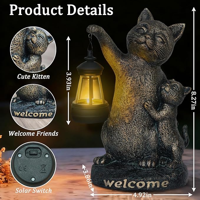 Cat Garden Decor Outdoor Statue - Cute Cats Figurine Ornaments with Solar Lights,Garden Waterproof Sculptures for Yard Lawn Backyard Patio Balcony Home Decorations,Unique Gift for Mom & Cat Lovers