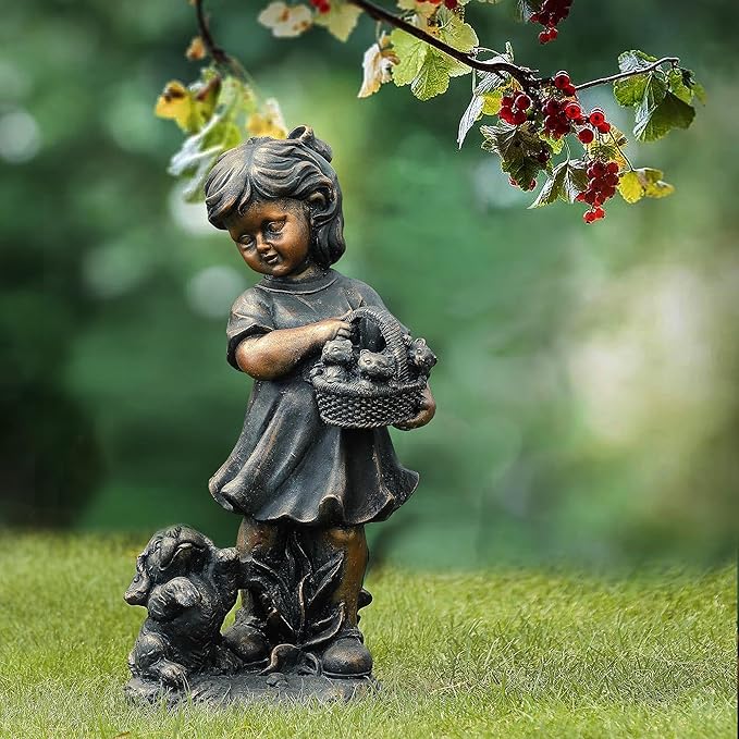 LuxenHome Garden Decor Statue,23" Fiber Stone Girl and Puppy Outdoor Statue, Bronze Garden Sculpture, Outdoor Art for Patio Courtyard Backyard Decor, House Warming Gifts