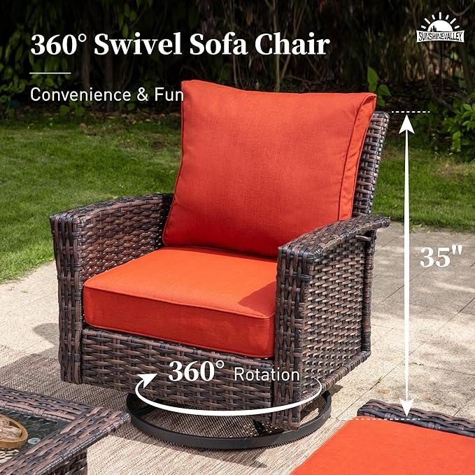 Patio Wicker Swivel Chairs Set of 2, Outdoor High Back Chairs with 5.5" Waterproof Cushions and Side Table, Outdoor Furniture Set for Deck Porch and Yard, Peacock Blue