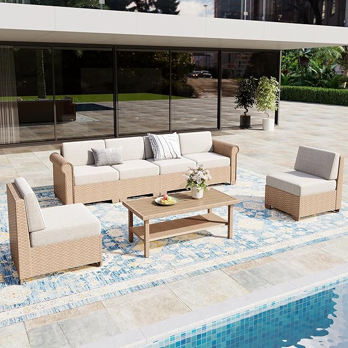 Patio Furniture Set, 7 Piece Outdoor Rattan Wicker Sectional Conversation Set with 5.5" Thick Waterproof Cushions and Coffee Table for Deck Backyar