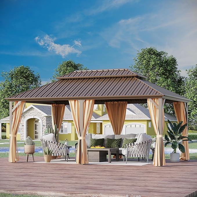 12'x18' Hardtop Gazebo Outdoor Aluminum Patio Gazebo Double Roof Galvanized Steel Canopy with Netting and Curtains for Garden, Backyard,Deck and Lawns