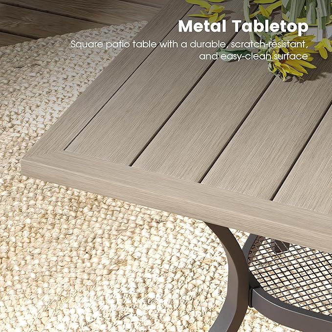 DIFY 5 Pieces Outdoor Patio Dining Set for 4, 37.8" Grey Wood-Like Metal Square Dining Table and 4 Sandshell Textilene Patio Swivel Chairs, Outdoor Table and Chairs