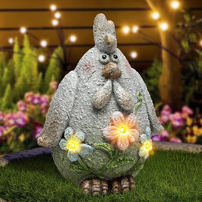 Solar Chicken Garden Statue with LED Lights for Outdoor Decoration,Chicken Statue Sculpture Yard Decorations, Outdoor Animal Figurine Gifts for Garden Patio Lawn Backyard Farmhouse