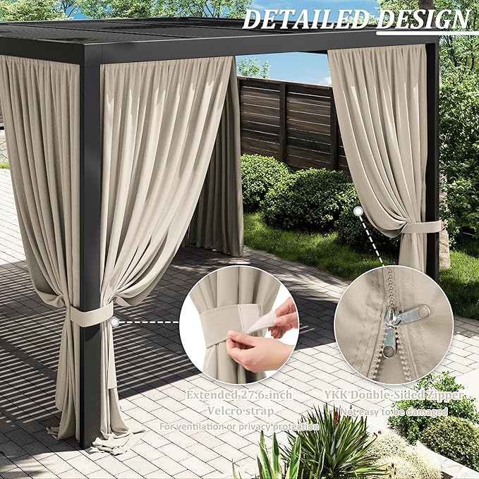 Gazebo Universal Replacement Privacy Curtain,12'×12' Gazebo Outdoor Waterproof Curtains, 4-Panels Sidewall Curtains with Double Zipper for Patio Canopy, Garden and Backyard (Curtain Only)