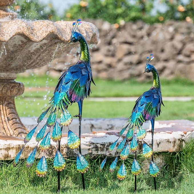 TERESA'S COLLECTIONS Garden Decor, Peacock Garden Decor, Elegant Peacock with Colorful Painting,18", Waterproof Metal Garden Statues, Peacock Gifts, Birthday Gifts for Women Mom