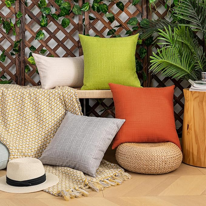 Kevin Textile Fall Outdoor Waterproof Throw Pillow Covers Decorative Farmhouse Water Resistant Checkered Cushion Covers for Tent Patio Garden Couch Sofa Pack of 2 (18x18 Inch Orange)