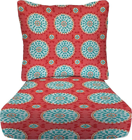 RSH DECOR: Deep Seating Cushion with Pillow Back | 25” x 25” Seat | Water and Fade-Resistant Spun Fabric | Outdoor Chair Cushion Set for Patio Furniture | Watermelon Sundial