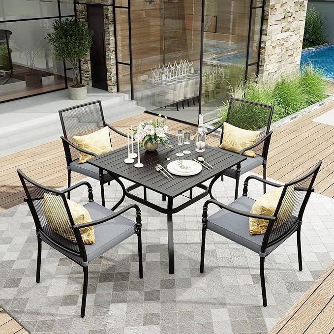 HERA'S HOUSE Metal Patio Table and Chairs Set for 4, Outdoor Dining Set 5 Pieces, 37" Square Table with Elegant Cushioned Armrest Chairs for Garden Backyard with 1.57" Umbrella Hole