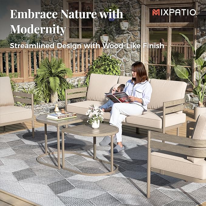 5-Piece Outdoor Patio Conversation Furniture Set, Sectional Outdoor Furniture with Washable Thick Cushions, Steel Modern Conversation Set with Nesting Coffee Table for Porch, Balcony - Beige