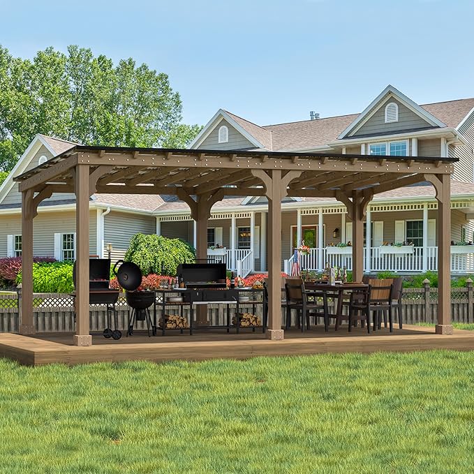 10 x 20 FT Wooden Grill Gazebo with Sloping Metal Roof, BBQ Gazebo with 5.5" Width Wood Posts & Rainwater Drainage for Barbecue, Garden, Backyard, Light Mocha Brown