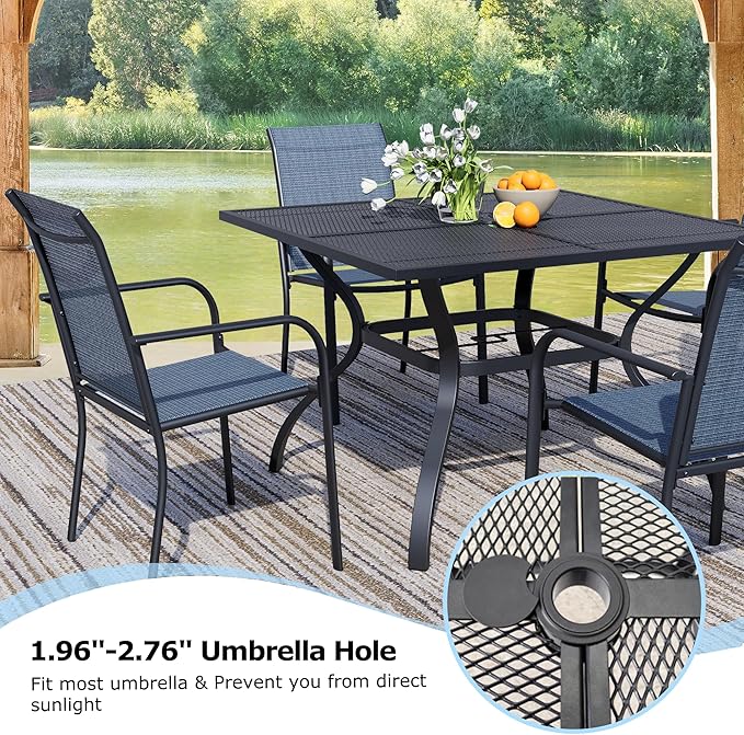 5 Pieces Sqaure Dining Table Set for 4, Patio Dining Set Includes 4 Blue Stackable Patio Chairs and 1 Black Mesh Square Table, Patio Furniture Sets with Sling Support for Outside, Garden