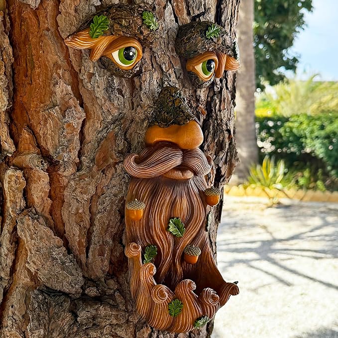 Mood Lab Tree Face Decor - Outdoor Bird Feeder with Acorns - Old Man Tree Face Garden Hugger Decoration