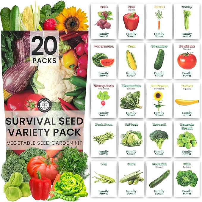 20 Vegetable Seed Packets | Survival Variety Pack | 2025 Season | Individually Packed Vegetables, Herbs and Fruits | Emergency Seed Vault for Doomsday Prepping | by Family Sown