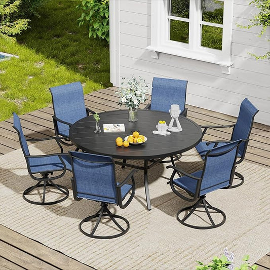 VICLLAX 7 Pieces Outdoor Dining Set, Patio Furniture Set of 6 Patio Swivel Dining Chairs and 50" Patio Round Table, Navy Blue Chairs & Black Tabletop
