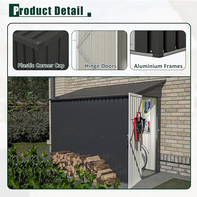 4×8 Ft Lean to Shed with Floor, Metal Outdoor Storage Shed, 0.25mm Galvanized Steel Metal Garden Shed Waterproof with Lockable Door for Backyard, Patio, Garden, Black
