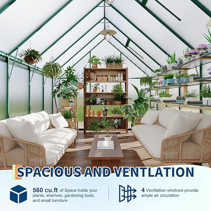 8X12 ft Polycarbonate Greenhouse with Aluminum Frame, Polycarbonate Greenhouse for Outdoors, Greenhouses with Ventilation and Rain Gutter, Aluminum Large Walk-in Greenhouses for Outside