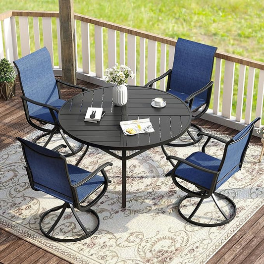 VICLLAX 5 Pieces Patio Dining Set for 4, Outdoor Furniture Set Includes 40.6" Square Outdoor Table and 4 Patio Swivel Chairs for Lawn Garden, Black Tabletop and Blue Fabric