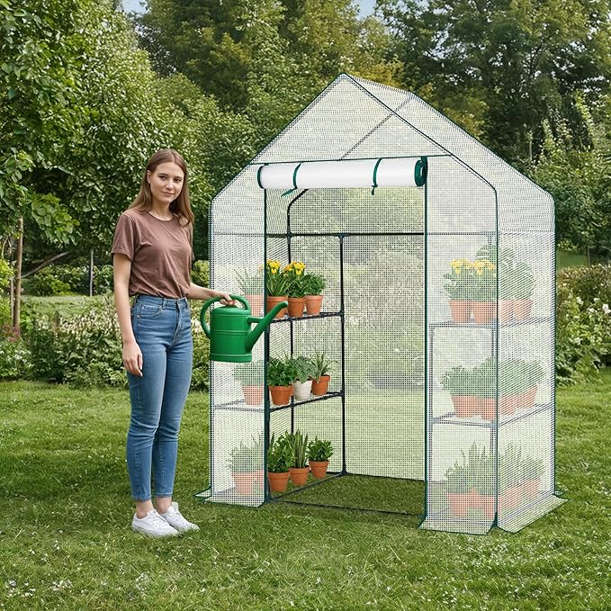 Outvita Walk-in Greenhouse, Outdoor Durable PE Plant Green House for Frost Protection with 3 Tiers 4 Shelves, Shelf Clips, Roll-up Zipper Door, 56"x29"x77" White