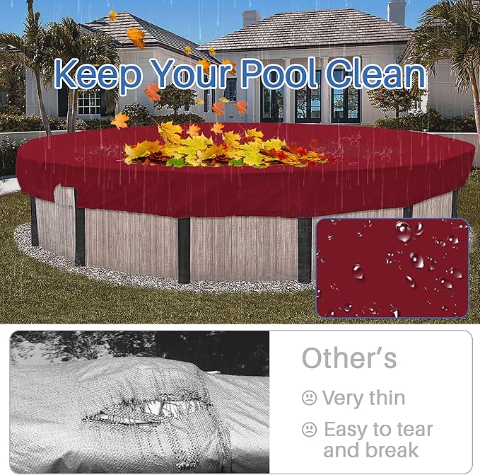 ECOOPTS 11 ft Waterproof Round Polyester Pool Cover for Above Ground Pools, Swimming Pool Cover Protector Winter Safety Cover (Red)