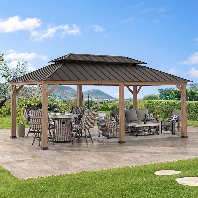 SUNJOY 12 x 20 ft. Wood Gazebo, Outdoor Patio Cedar Framed Wooden Hardtop Gazebo with 2-Tier Metal Roof, Suitable for Patios, Lawn, and Backyard, Dark Brown Roof + Dark Wood Frame