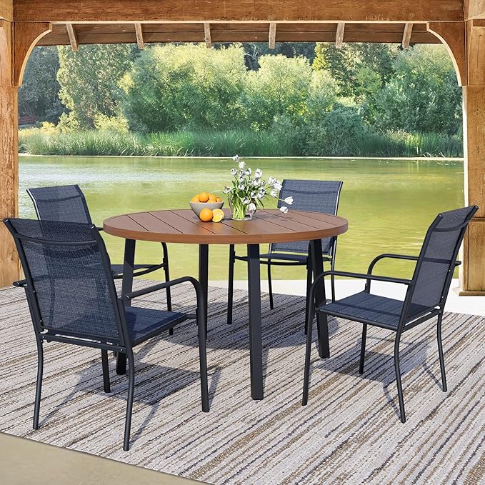 5 Pieces Round Dining Table Set for 4, Patio Dining Set Includes 4 Dark Blue Stackable Patio Chairs and 1 Walnut Round Table, Patio Furniture Sets with Sling Support for Outside, Garden
