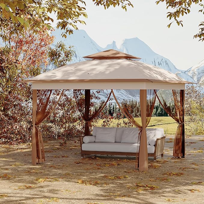 11x11 Pop Up Instant Gazebo Tent for Backyard, Pop Up Gazebo With Mosquito Netting, Outdoor Canopy Gazebos Waterproof With Portable Carrying Bag