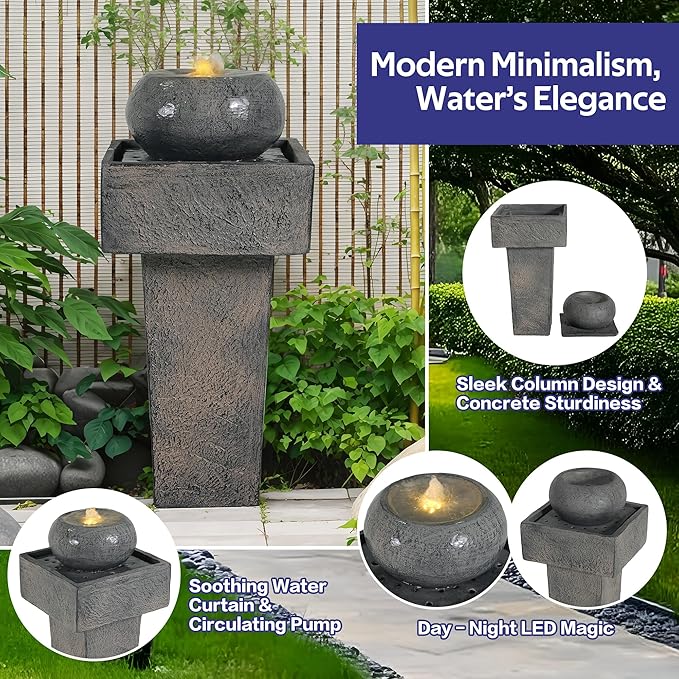 Merax 25.59" H Minimalist Concrete Column Fountain–LED-Lit Modern Outdoor Oasis, Durable Landscape Feature for Patio, Porch