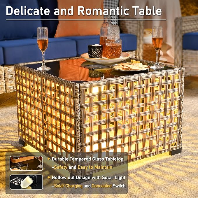 HOOOWOOO Outdoor Sectional Furniture Set with Fire Pit Table,9 Pieces Wicker Patio Conversation Sets,L Shape All Weather Outside Couch Sofa Set with Swivel Chairs Solar Light Table Ottoman,Beige