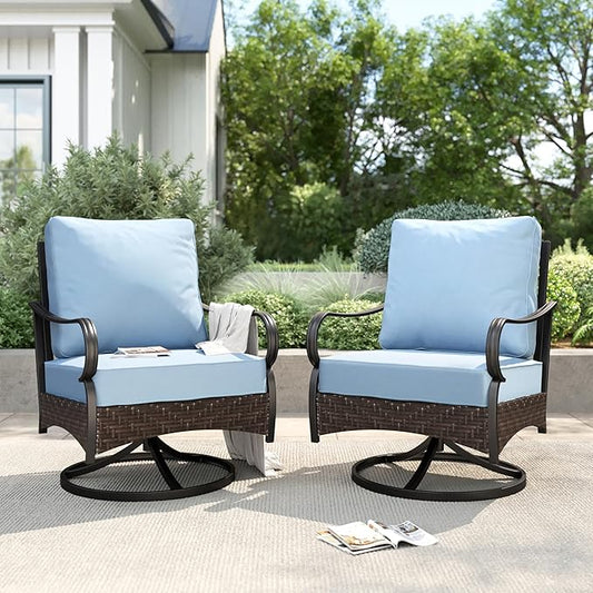 PHI VILLA Patio Swivel Chairs Set of 2, Outdoor Wicker Chairs with Thick Cushion, All Weather High Back Outdoor Furniture for Balcony Porch and Yard