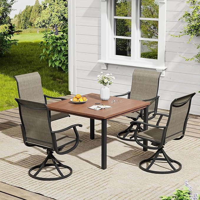 VICLLAX 5 Pieces Outdoor Dining Set, Patio Furniture Set of 4 Patio Swivel Dining Chairs and Square Patio Table, Mixed Brown Chairs & Walnut Tabletop