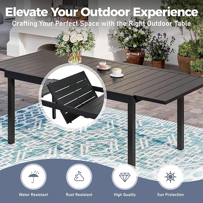 7 PCS Patio Dining Set for 6, Rectangular Extendable Dining Table with 6 Metal Chairs, Outdoor Table and Chairs Set for Lawn Garden Backyard and Deck, Blue