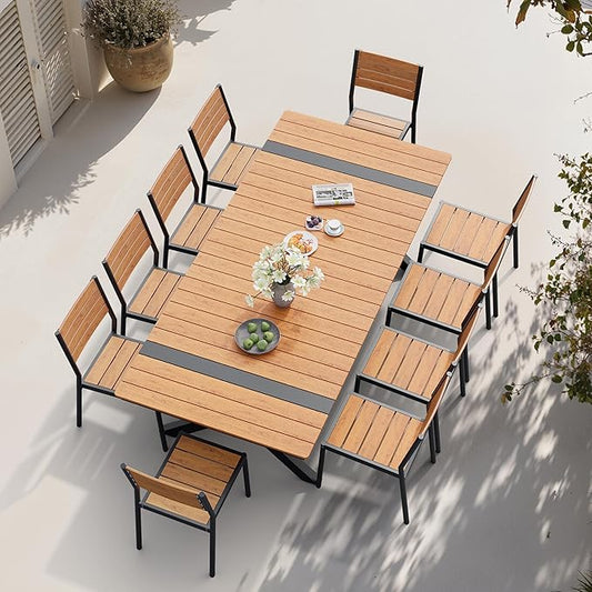 Pellebant 11 Piece Patio Table and Chairs Set for 10, Aluminum Outdoor Dining Set with Umbrella Hole, Stackable Dining Chairs & 94" Dining Table, Brown