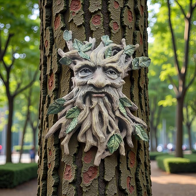 Whimsical Tree Face Garden Decoration ，Tree Faces Decor Outdoor Wallmounted Statue Art with Leaf Features, Outdoor Decor Garden Accessory (Nature and Outdoors)
