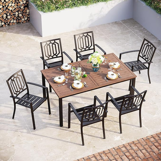 Sophia & William 7 Piece Outdoor Table and Chairs Patio Dining Set Metal Patio Table Furniture Set with Large Rectangular Dining Table for 6 Person and Stackable Outdoor Chairs Support 300LBS (Balck)